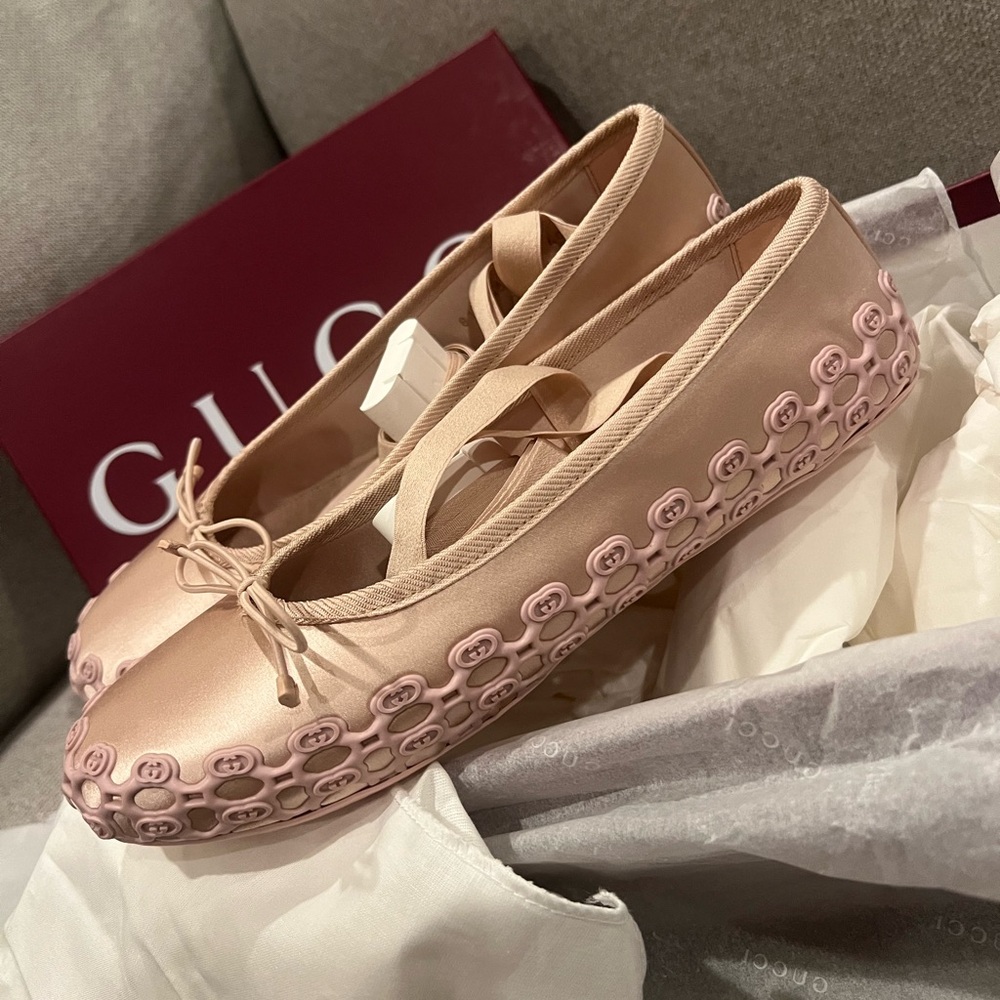 New Gucci Light Pink Ribbon Ballet Flats GG logo - Picture 9 of 15